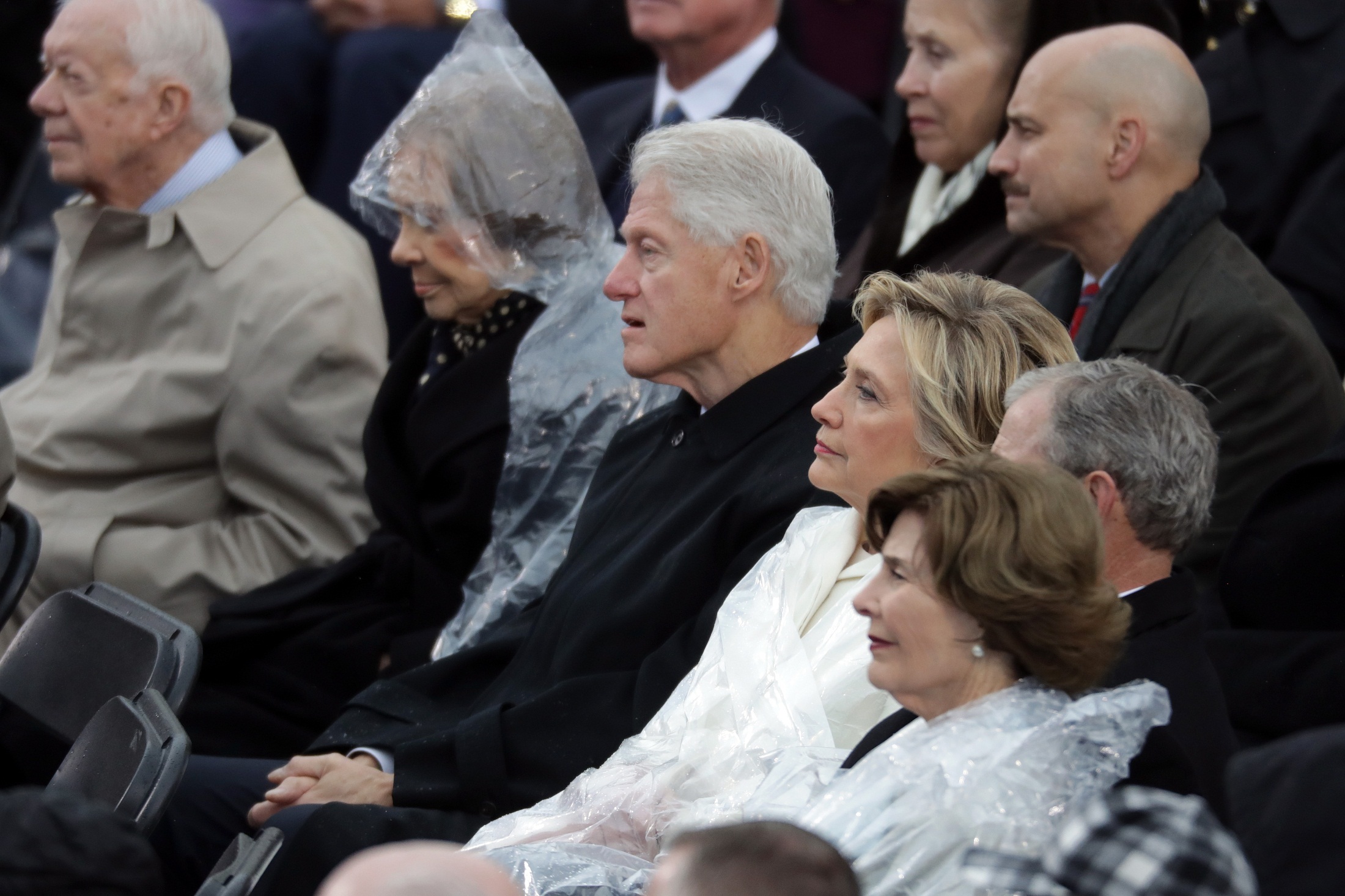 WASHINGTON, DC - JANUARY 20: (L-R) Former President Jimmy Carter, former first lady Rosalynn Carter, former President Bill Clinton, former Democratic presidential nominee Hillary Clinton, former President George W. Bush and former first lady Laura Bush watch President Donald Trump's inaugural address on the West Front of the U.S. Capitol on January 20, 2017 in Washington, DC. In today's inauguration ceremony Donald J. Trump becomes the 45th president of the United States.   Chip Somodevilla/Getty Images/AFP